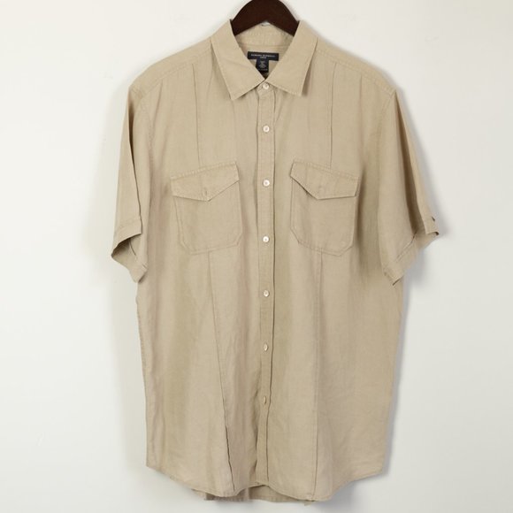 Banana Republic Linen Khaki Solid Short Sleeve Button Down Men's XL - Picture 1 of 6